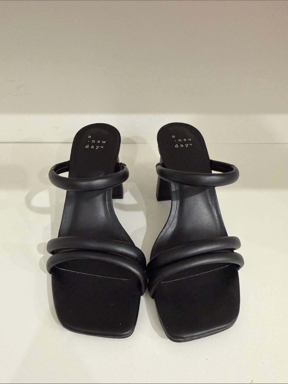 a new day Black Triple-Strap Square Toe Block Heel Mules